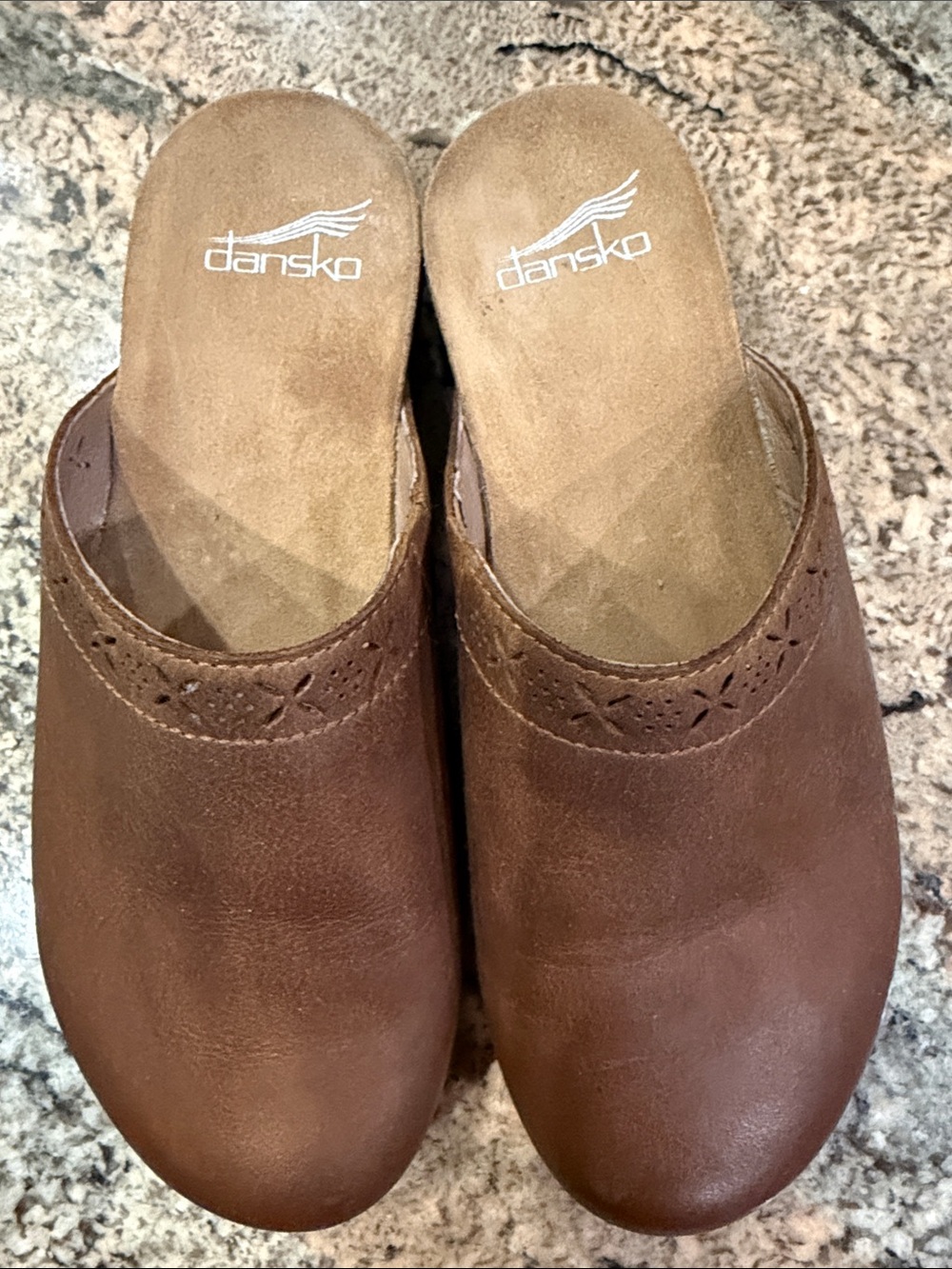 Dansko Brown Leather Slip-On Clogs with Perforated Collar